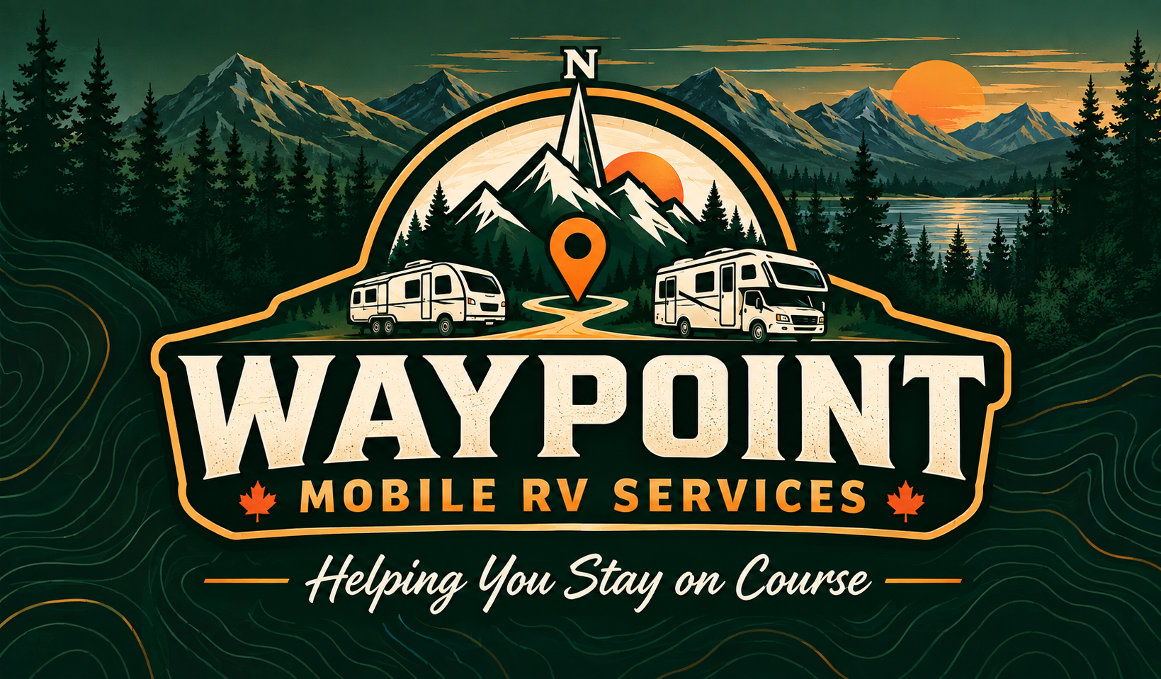 Waypoint Mobile RV Services badge featuring RVs, a compass, forests, mountains and an orange location pin. Helping you stay on course.
