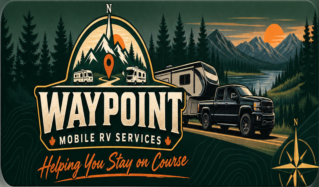 Waypoint’s original branded artwork showing an RV and pickup beside a forest lake